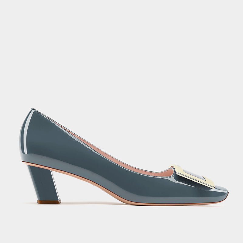 Women's Patent Square Buckle Chunky Mid Toe Low-cut Women's Fashion Shoes