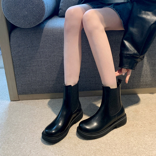 Women's Chelsea Flat Smoke Pipe British Style Martin Thick Leg Women's Leather Boots