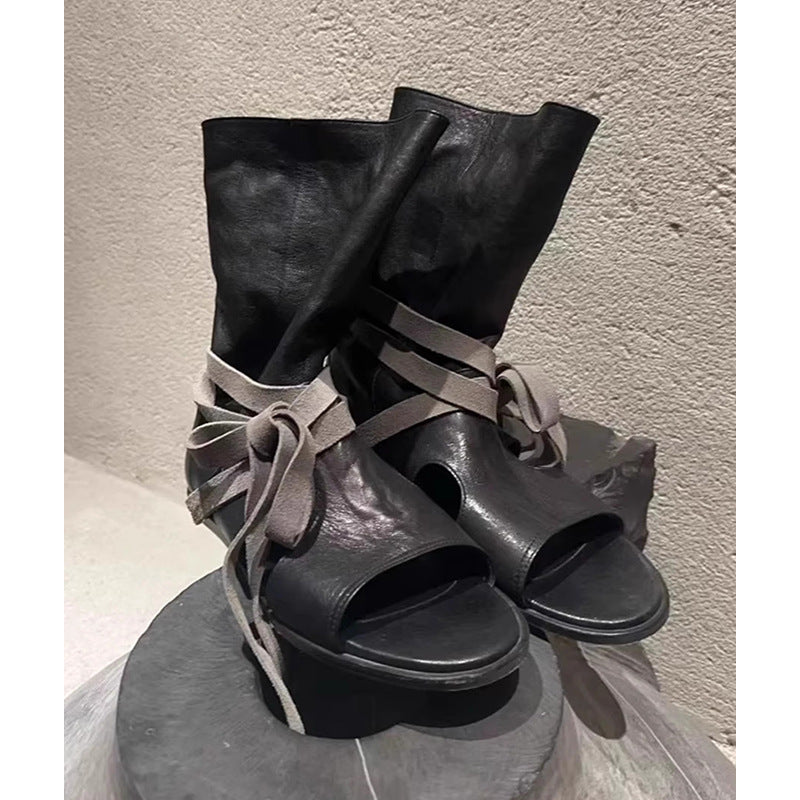 Style Niche Authentic Low Female Summer Peep Toe Women's Leather Boots