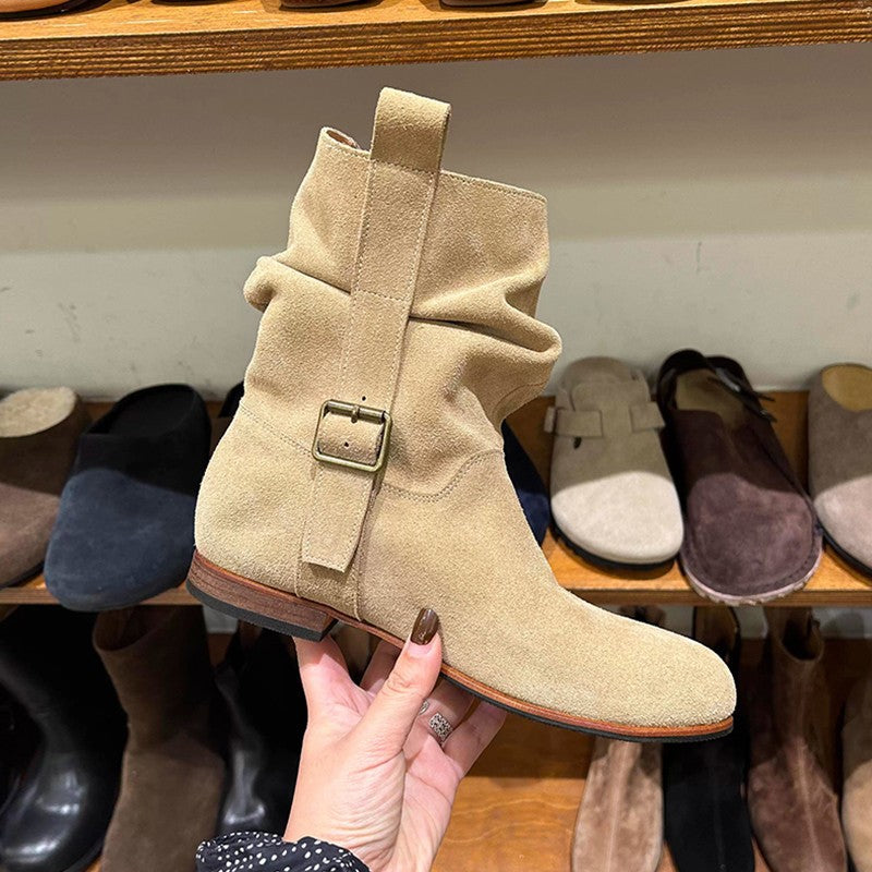 Women's Fashion Retro Round Head Chunky High-grade Ankle Women's Leather Boots