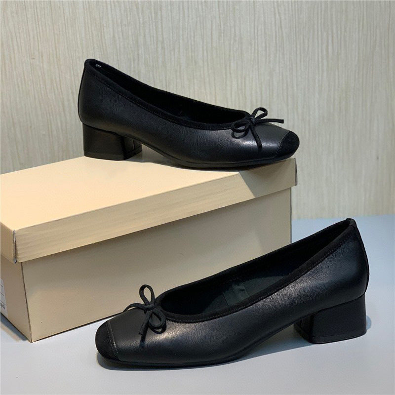Women's Shallow Mouth Mid Round Head Genuine Bow Women's Shoes