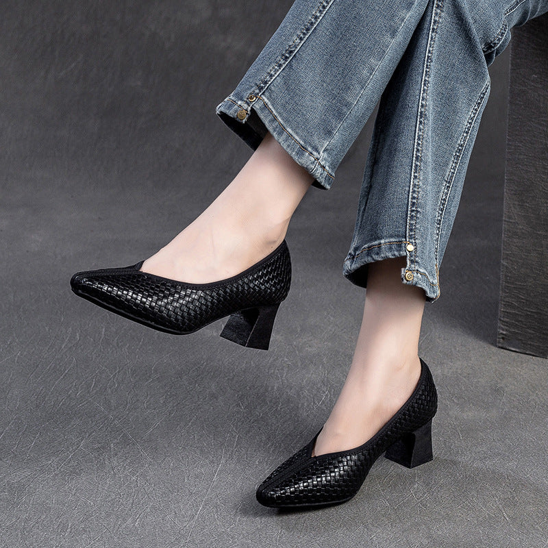 Weave Pointed Toe Low-heeled Shallow Mouth Casual Shoes