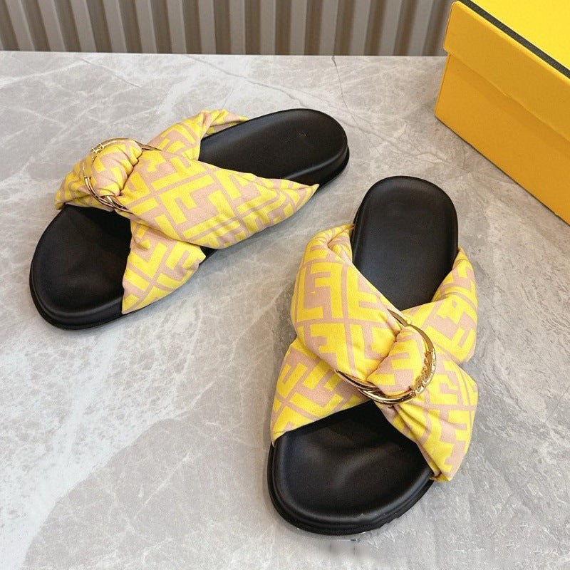 Summer F Home Retro Cross Metal Buckle Bread Flat Slippers