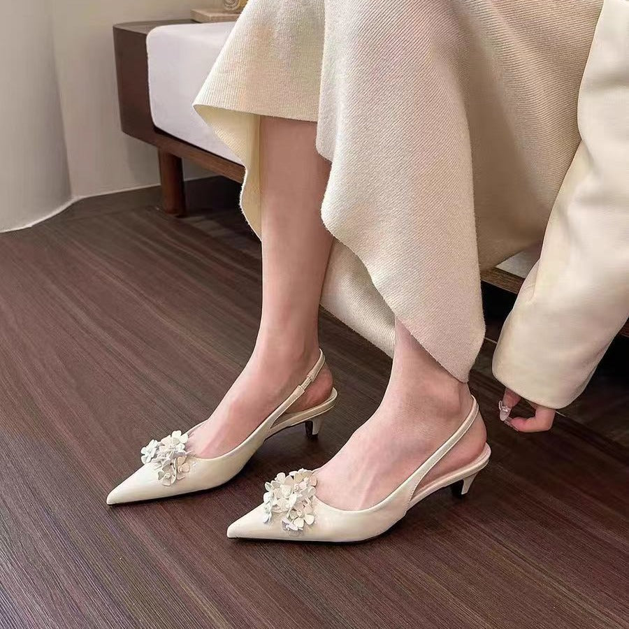 Women's Fashion Green Pointed Flower Shallow Mouth Back High Heeled Sandals