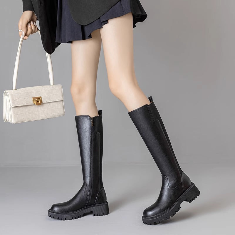 Tube Circumference Springy Thigh Thick Bottom Widened Women's Leather Boots