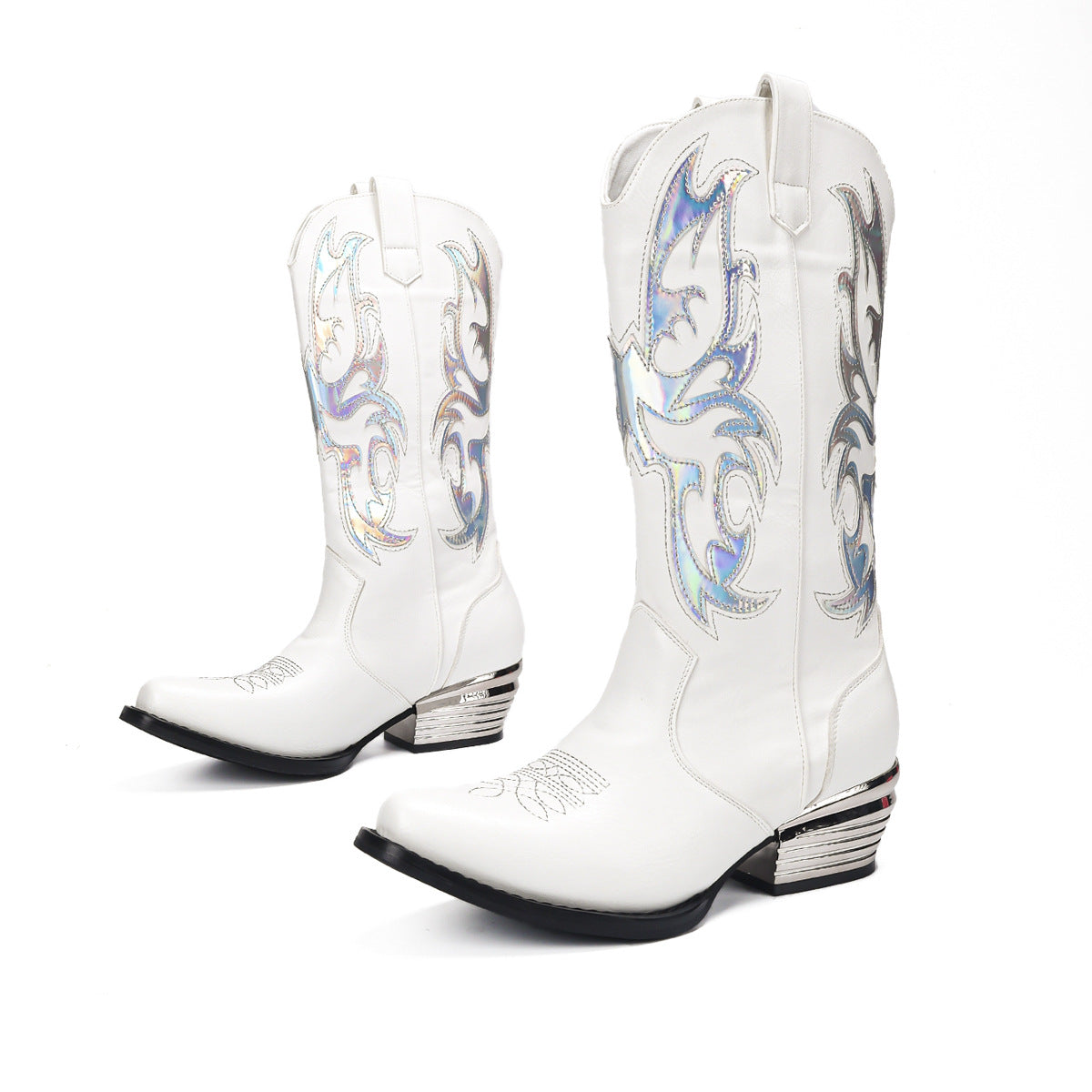 American Size Retro Embroidered Sequins Western Cowboy Chunky Square Toe Women's Leather Boots