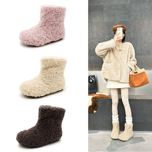 Women's Northeast Flat Warm Winter Fleece-lined Fluffy Short Women's Snow Boots