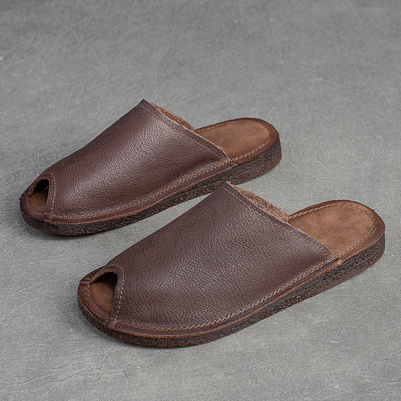 Women's & Men's Soft Bottom Top Layer Cowhide Retro Open Sandals