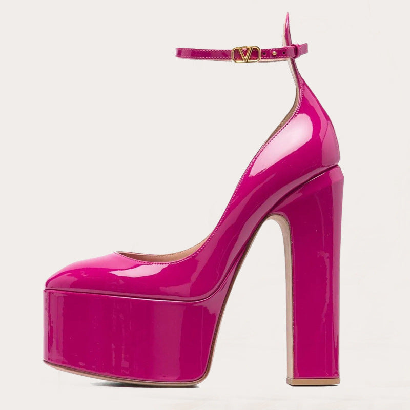 Waterproof Platform Patent Round Head Thick Bottom Ankle Ring Women's Shoes