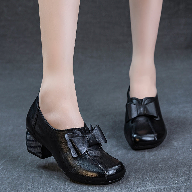 Women's Autumn Thick Soft Bottom Top Layer Cowhide Bow Casual Shoes