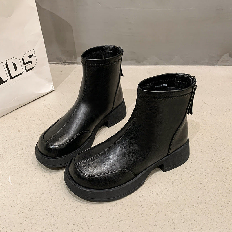Women's Round Head Chunky Thin Short Back Zipper Increased Tube Women's Leather Boots