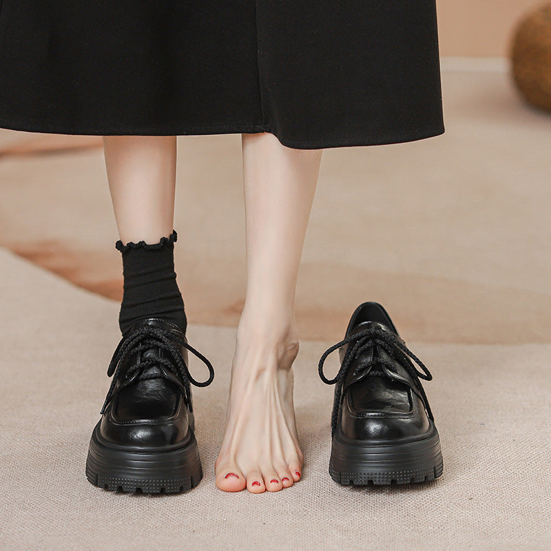 Women's Autumn Invisible Elevated British Style Retro Easy Matching Chunky Round Women's Casual Shoes
