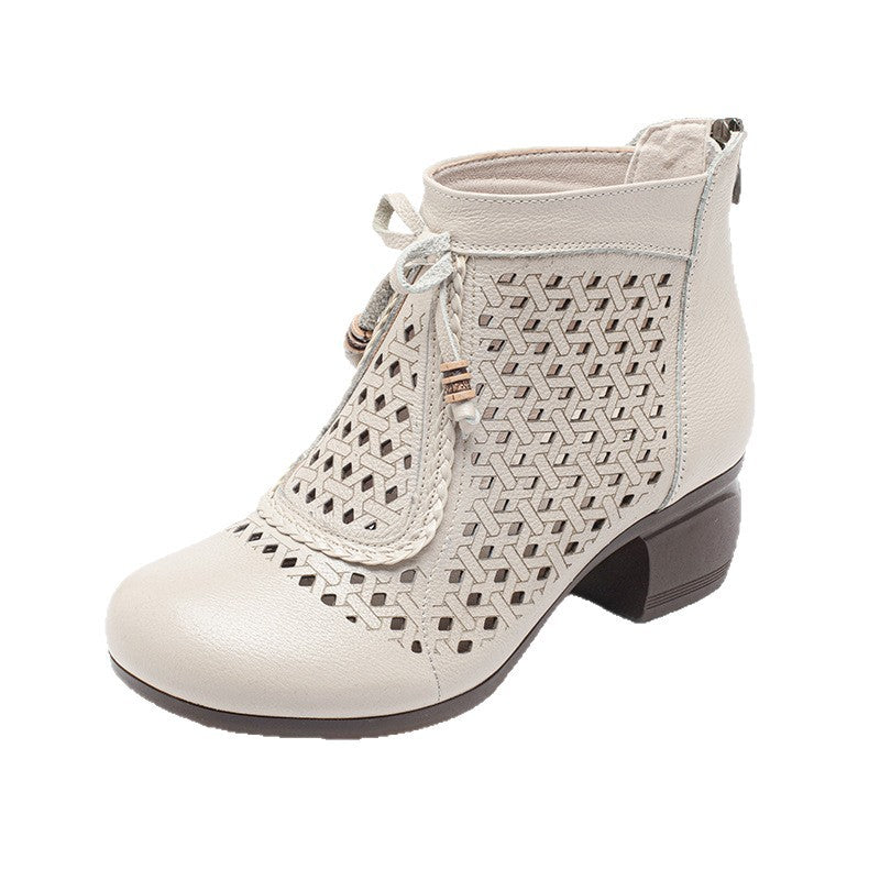 Women's Summer Retro Thick Back Zipper Porous Model High Heeled Sandals