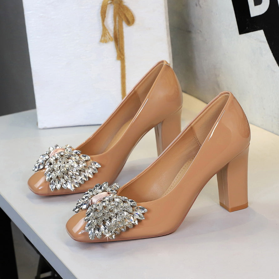 Women's Rhinestone Bow Dress Wedding Patent Elegant Square Toe Women's Fashion Shoes