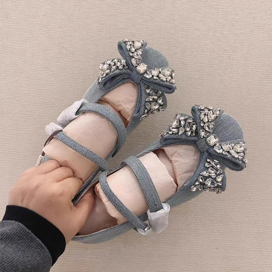 Women's Hidden Dress Flat Denim Rhinestone Strap Shallow Mouth Mary Women's Fashion Shoes