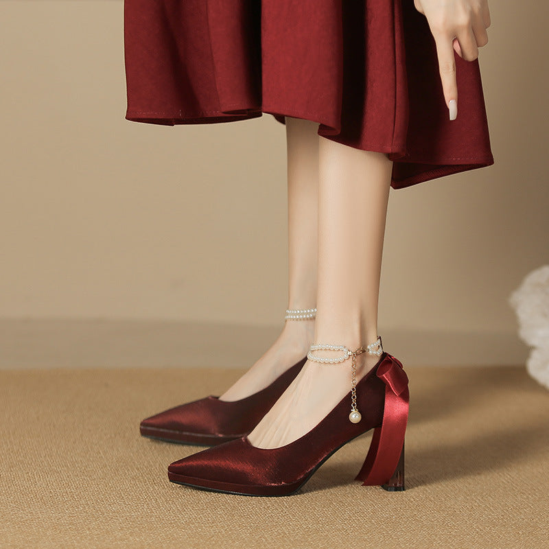 Women's French Suede Pointed Chunky High Bow Pearl Heels