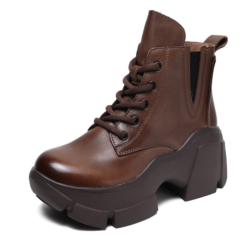 Women's Genuine Platform Retro Middle High Solid Boots