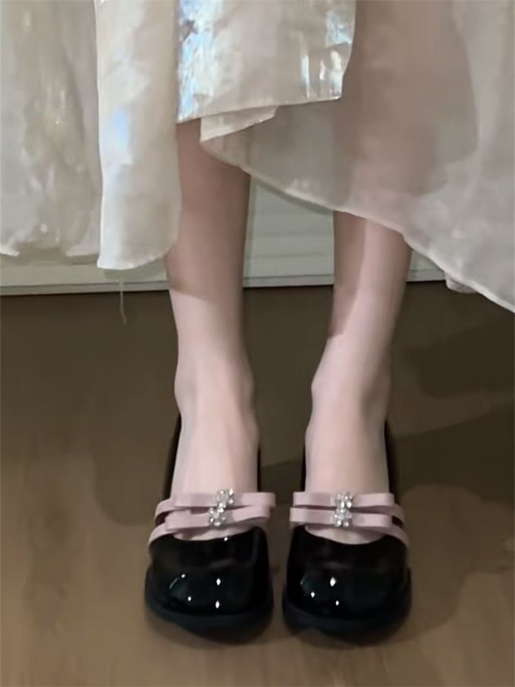 Women's French Style Bow Mary Jane Chunky Low-cut Leather Shoes