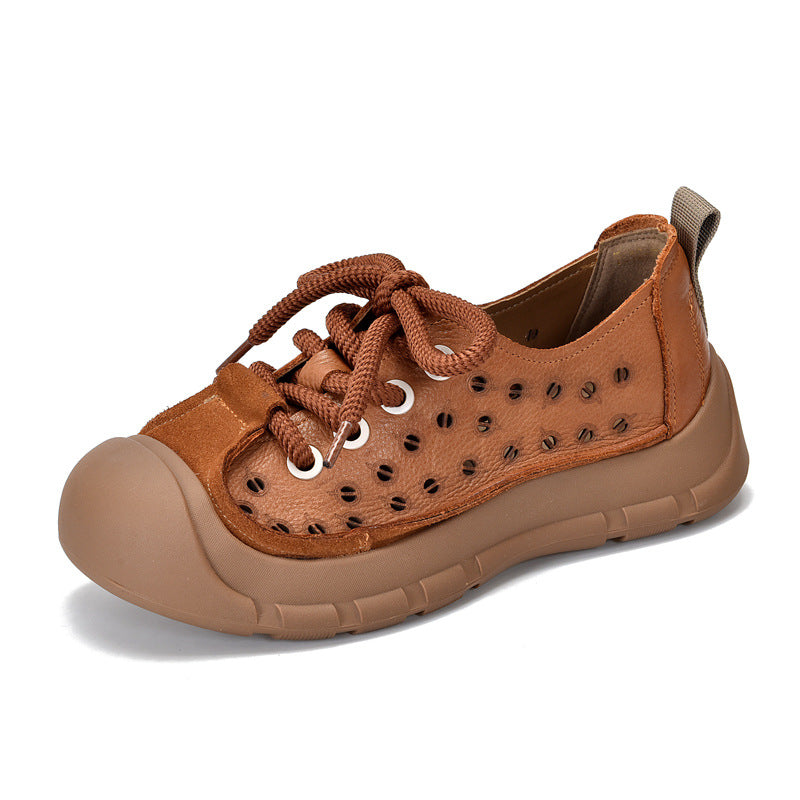 Women's First Layer Cowhide Closed Toe Hole Hollow Flat Retro Lace Platform Sandals