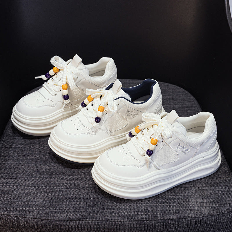 Women's Platform White Round Toe Lace Up Heightened Small Skate Sneakers
