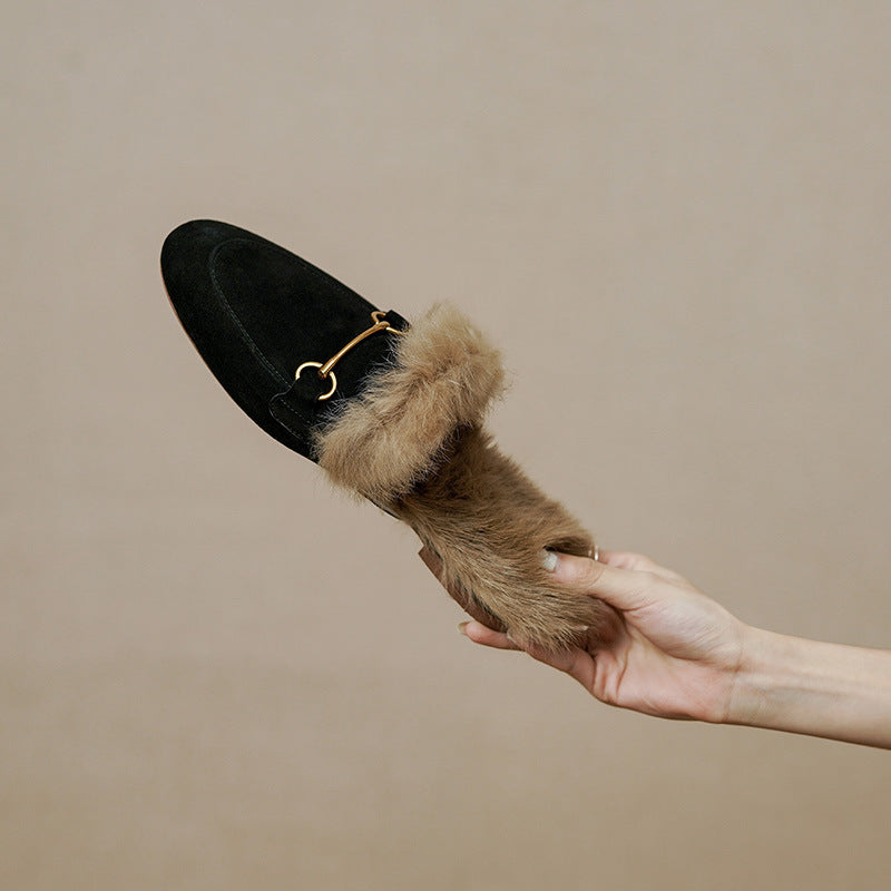 Women's Fluffy Sheep Split Rabbit Fur Winter Outer Wear Closed Toe Flat Slippers