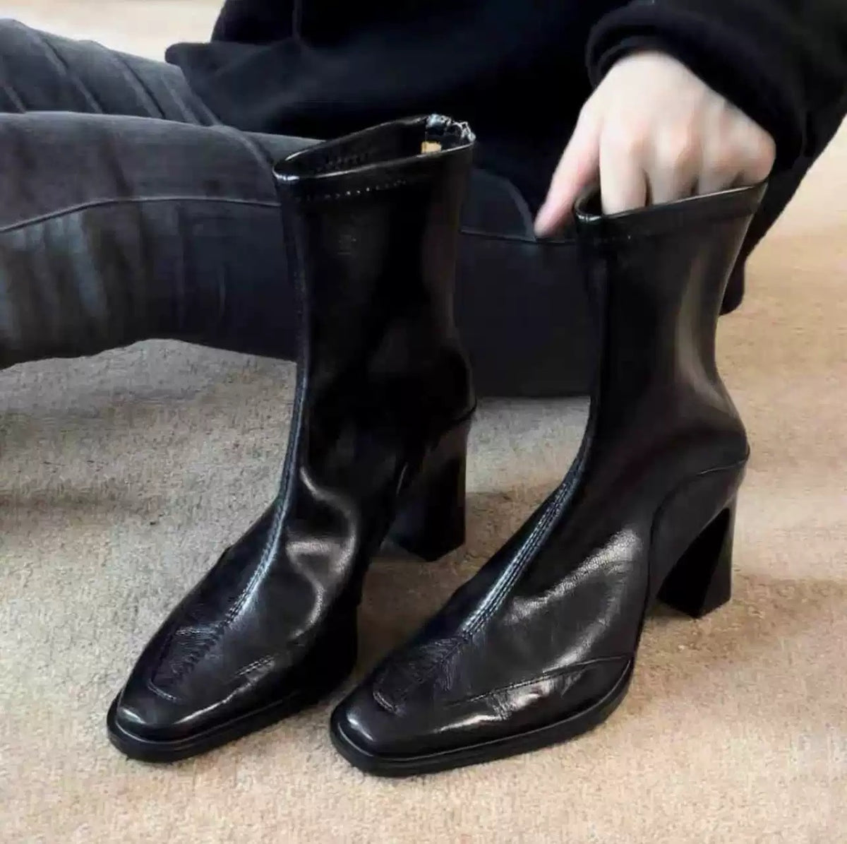 Women's Version Korean Style High Square Toe Skinny Short Chunky Vintage Women's Leather Boots