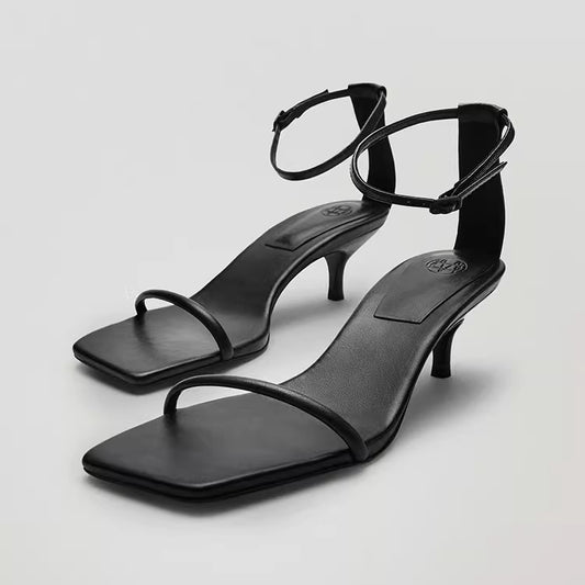 Women's Buckle Fashion Summer Stiletto Square Toe Open Genuine Fairy Sandals