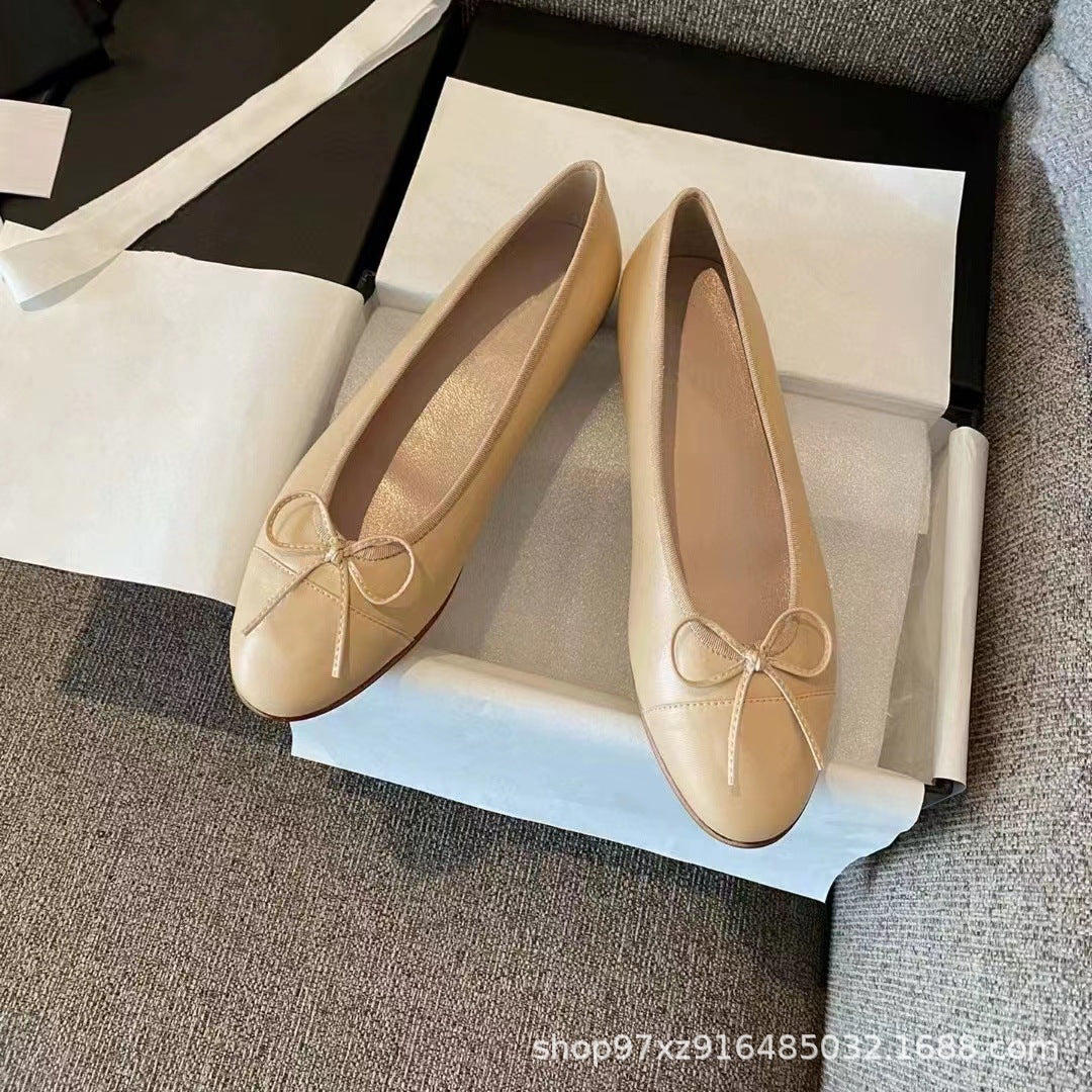 Women's Style Flat Pumps Bow Color Matching Ballet Round Head Shallow Heels