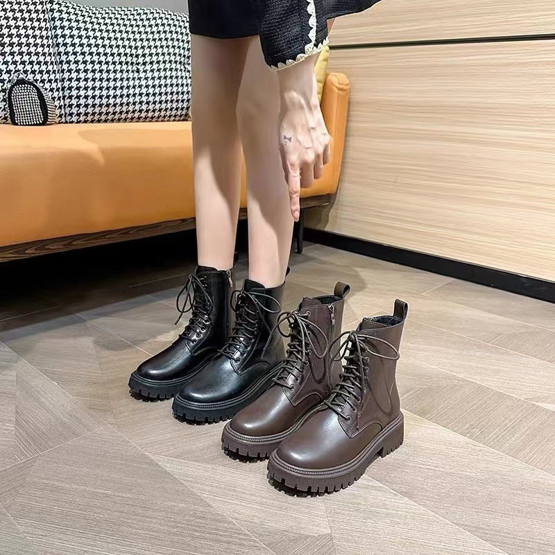 Women's Martin British Style Fleece-lined Brown Coffee Color Platform Ankle Women's Leather Boots