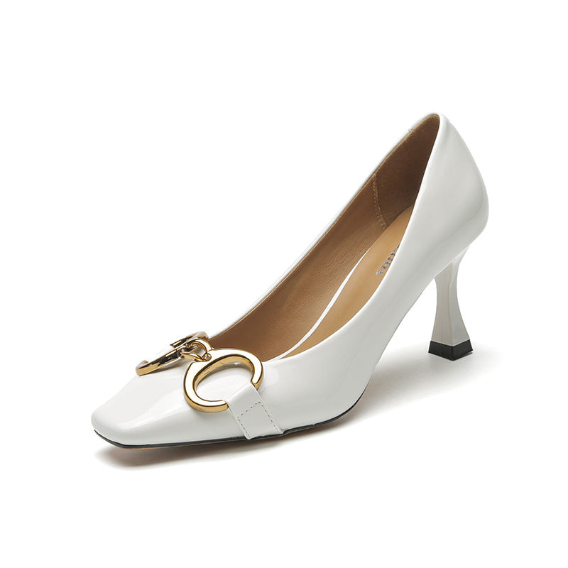 Women's Buckle Spring French Lady Style Stiletto Square Toe Low-cut Heels