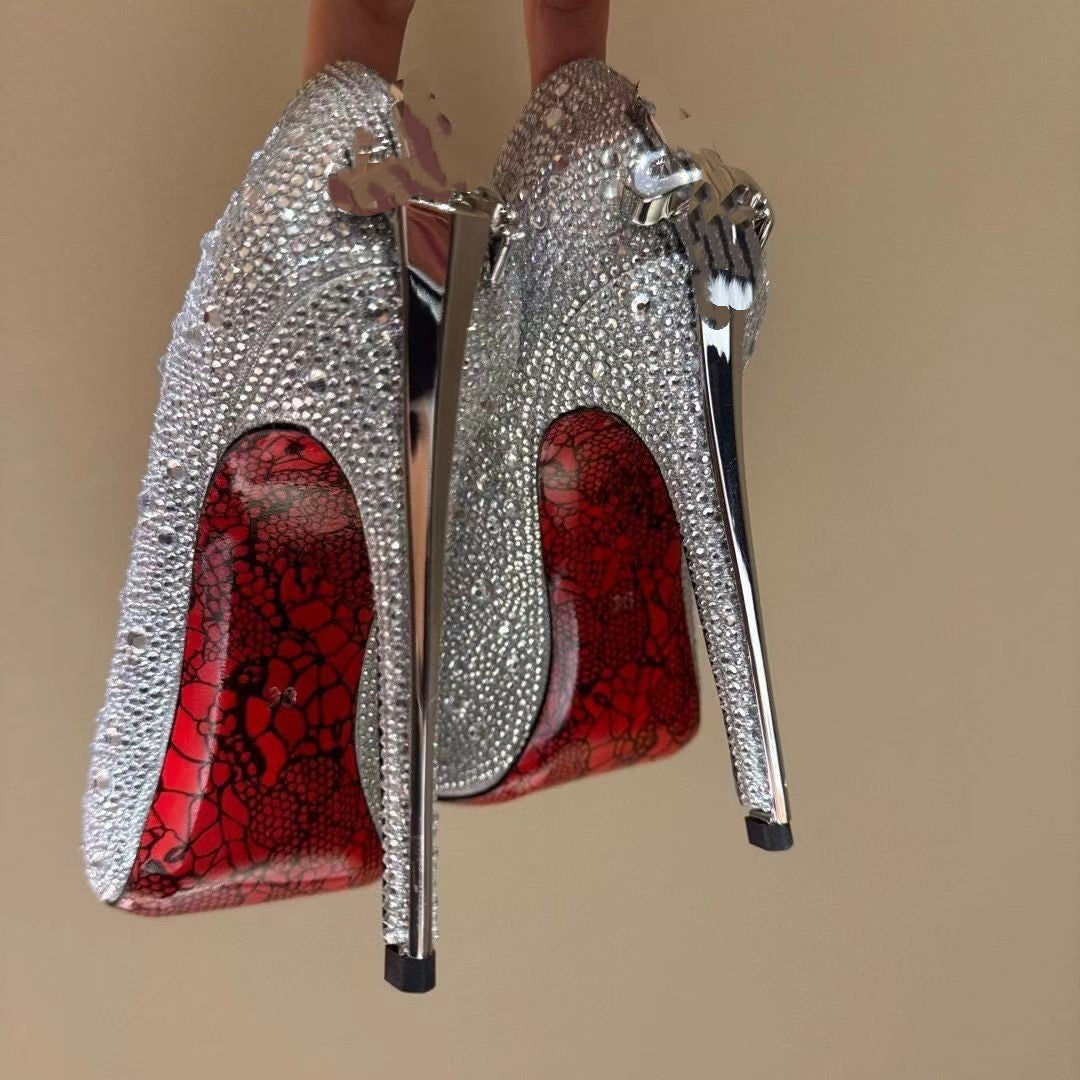 Large Size Gold Truncheon High Super Printed Red Bottom Pointed Women's Fashion Shoes