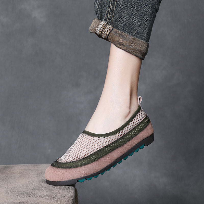 Women's Layer Cowhide Retro Breathable Mesh Slip-on Comfortable Women's Casual Shoes