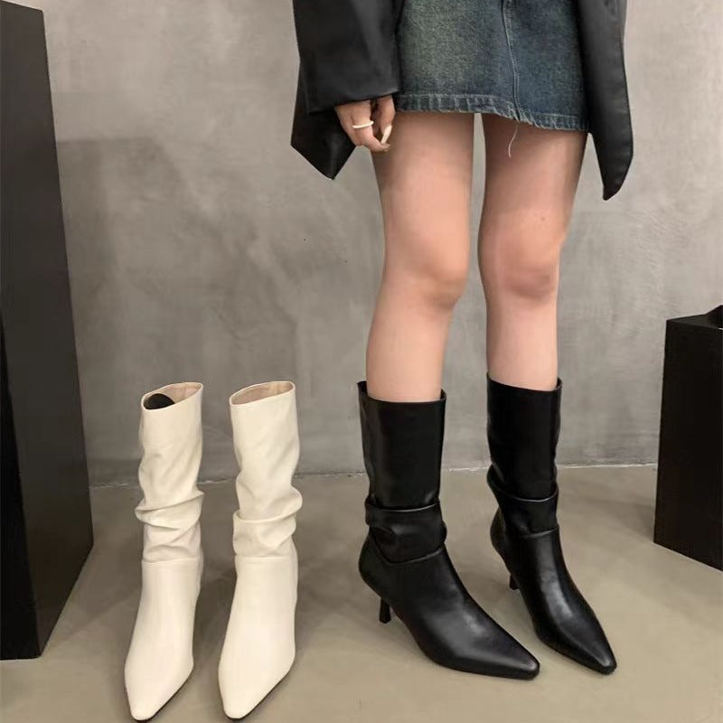 Women's Stiletto White Pile Style Riding Fashion Pointed Boots
