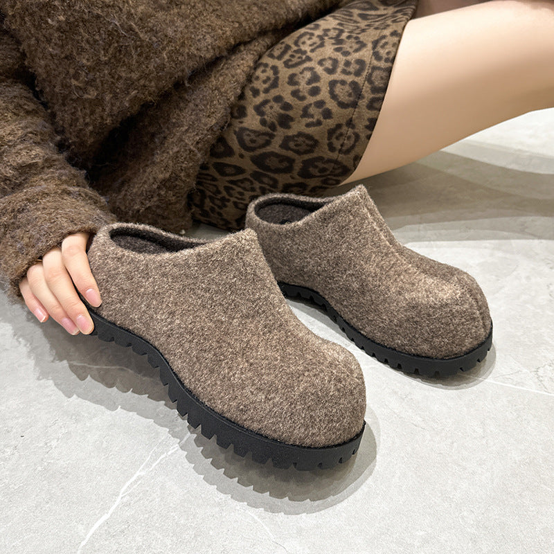 Women's Increased Closed Toe Niche Half Vintage Fleece-lined Knitted Surface Big Slippers