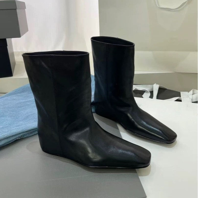 Send Retro Minority Square Toe Height Increasing Insole Sleeve Thin Women's Leather Boots