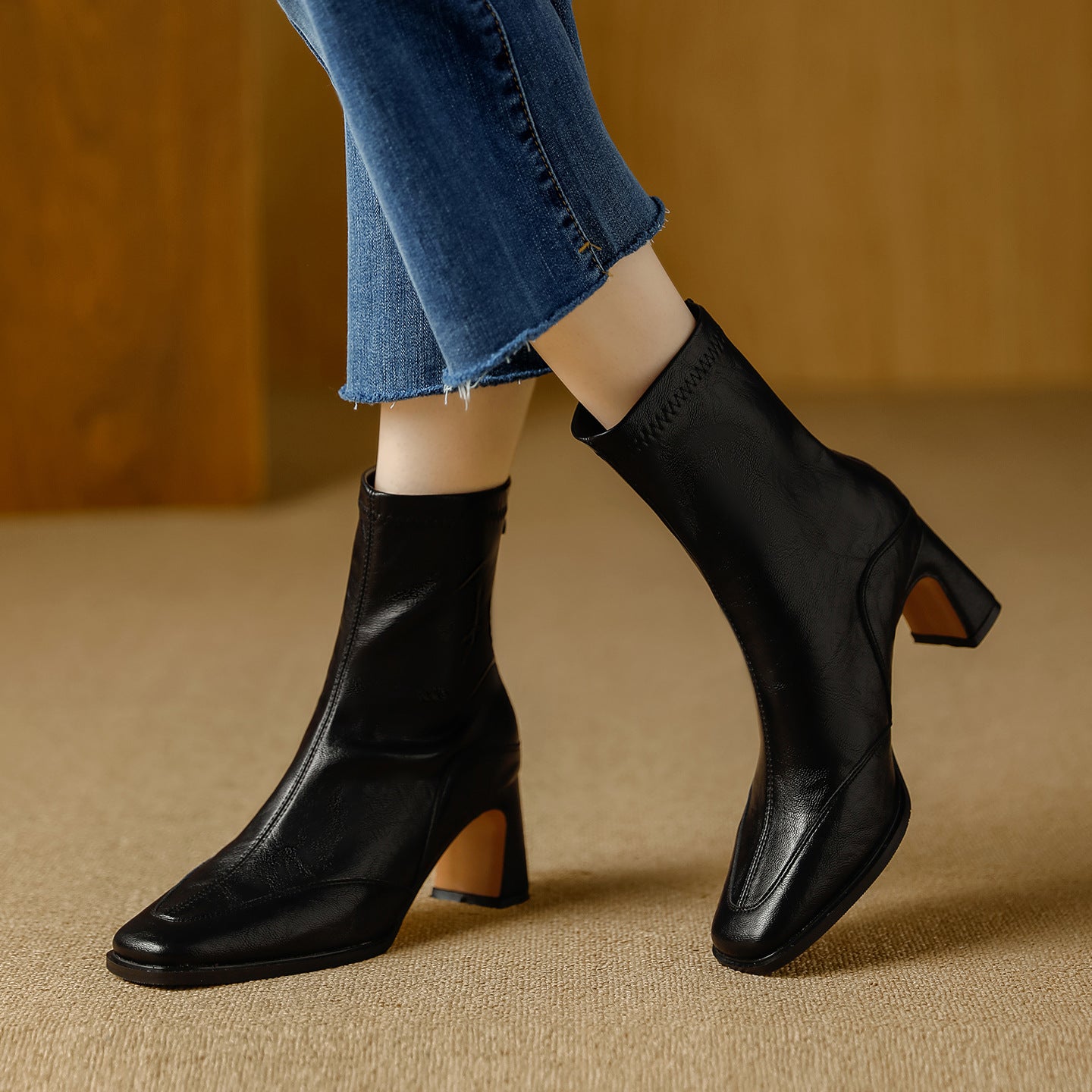 Women's Retro Square Toe High Short Autumn Zip Soft Fashionable Temperamental Women's Leather Boots