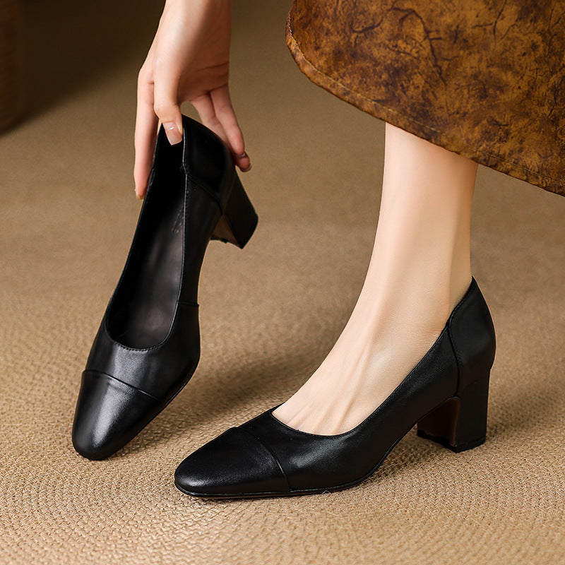 Women's Retro Thick High Genuine Shallow Mouth Slip-on Commute Black Red Women's Fashion Shoes