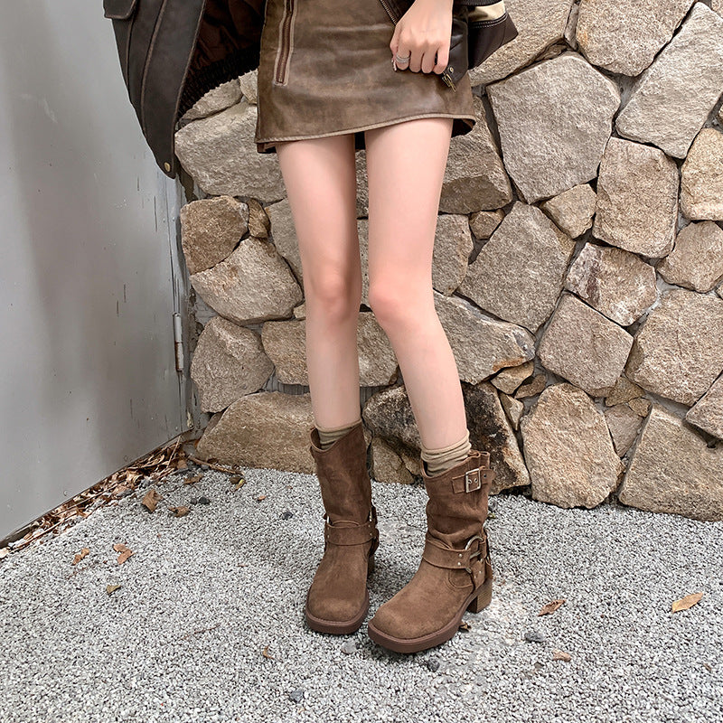 Retro Style Round Head Leisure Thick Heels