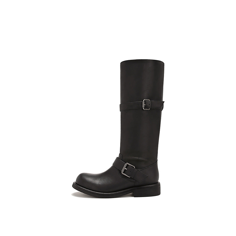 Dune Aesthetics Fleece-lined Vintage Double Buckle Women's Leather Boots