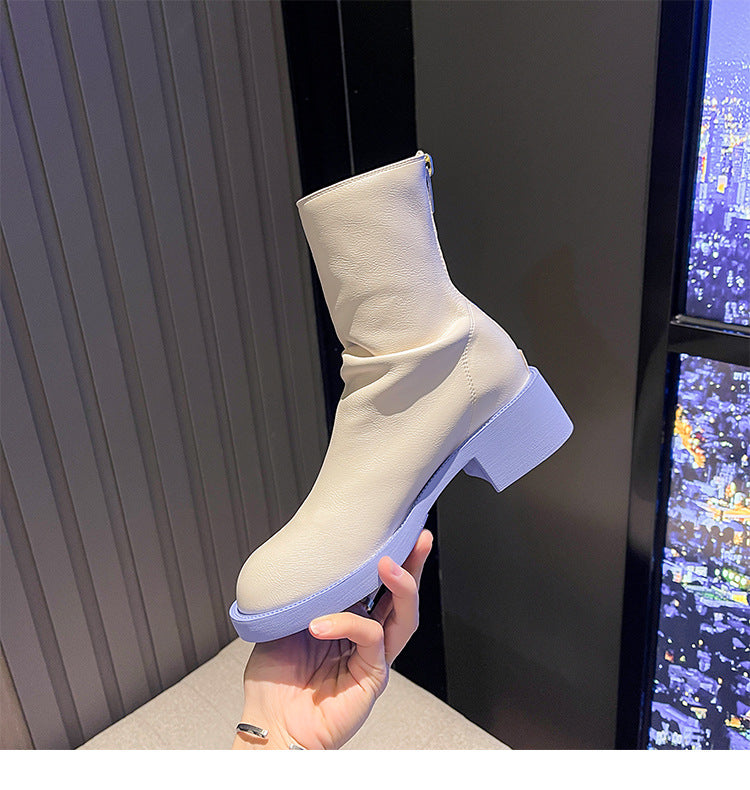 Chunky Knight Height Increasing Insole Skinny Back Zipper Contrast Boots