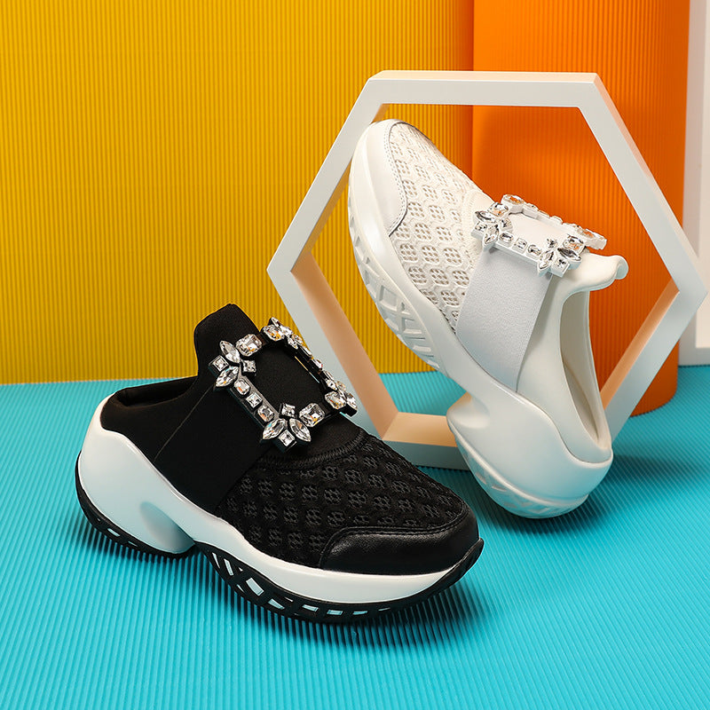 Women's Summer Rhinestone Square Buckle Half With Casual Shoes