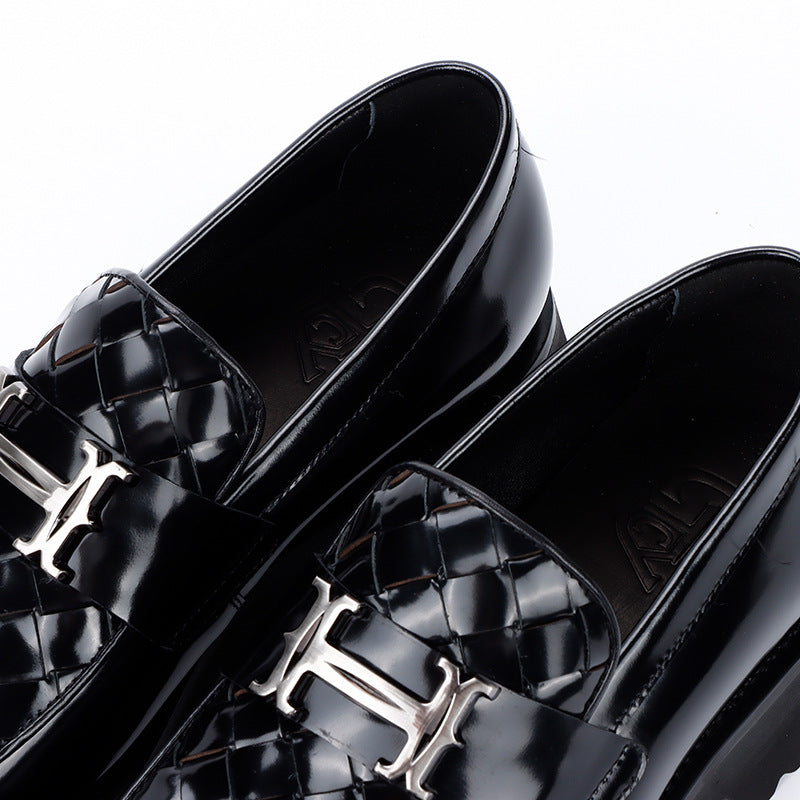 Men's Autumn Black Slit Beads Braided Business Leather Shoes
