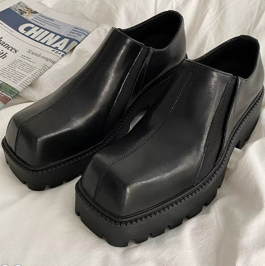 Men's High Sense Cowhide Platform Retro Slip-on Street Style Square Loafers