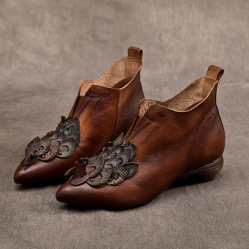 Women's Retro Genuine Fashion Pointed Toe Chunky Comfortable Versatile Cowhide Heels