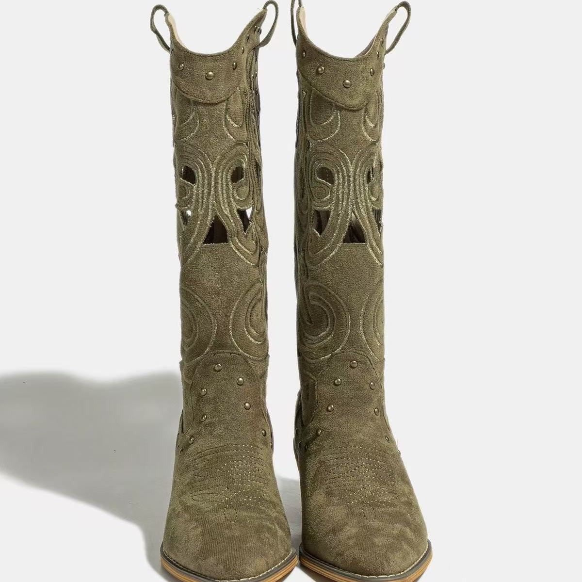 Women's Hollow Out Thick High Western Cowboy Embroidery Mid Retro Frosted Boots
