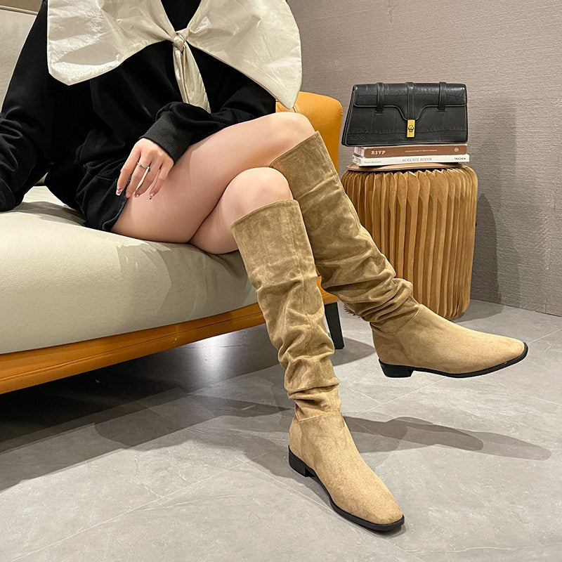 Women's Pile Style Riding Vintage Suede Thick Pointed Toe Boots