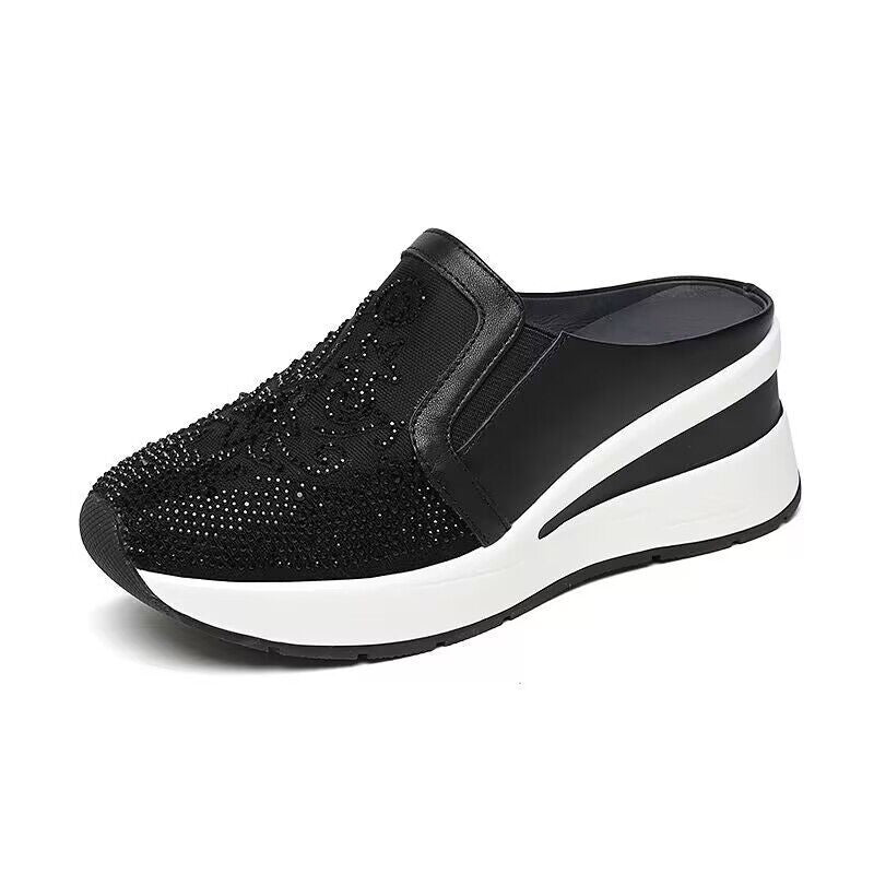 Women's Versatile Half Thick Bottom Mesh Breathable Rhinestone High Thick-soles Slippers