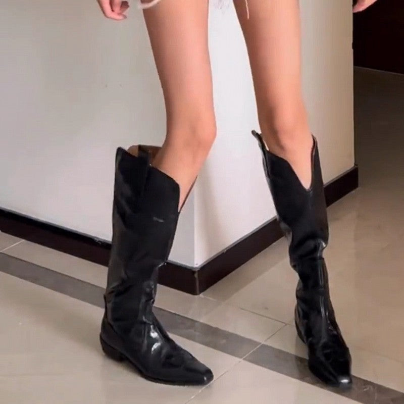 Women's Autumn Temperament Slimming Long Tube V Cut Knight Retro Women's Leather Boots