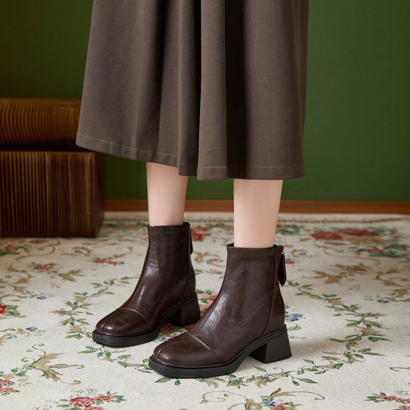 Women's Height Increasing Insole Square Toe Chunky Short Fleece-lined British Style Women's Leather Boots