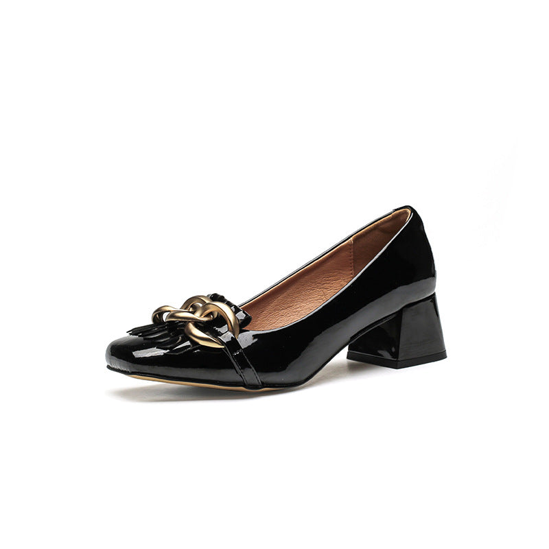 Chunky Mid Square Toe Low-cut Black Heels
